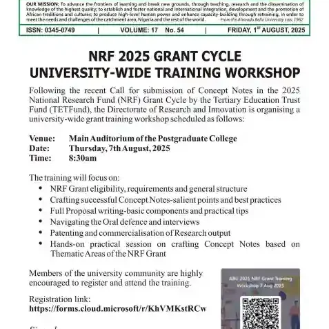 Apply: ABU University NRF 2025 Grant Cycle Training Workshop